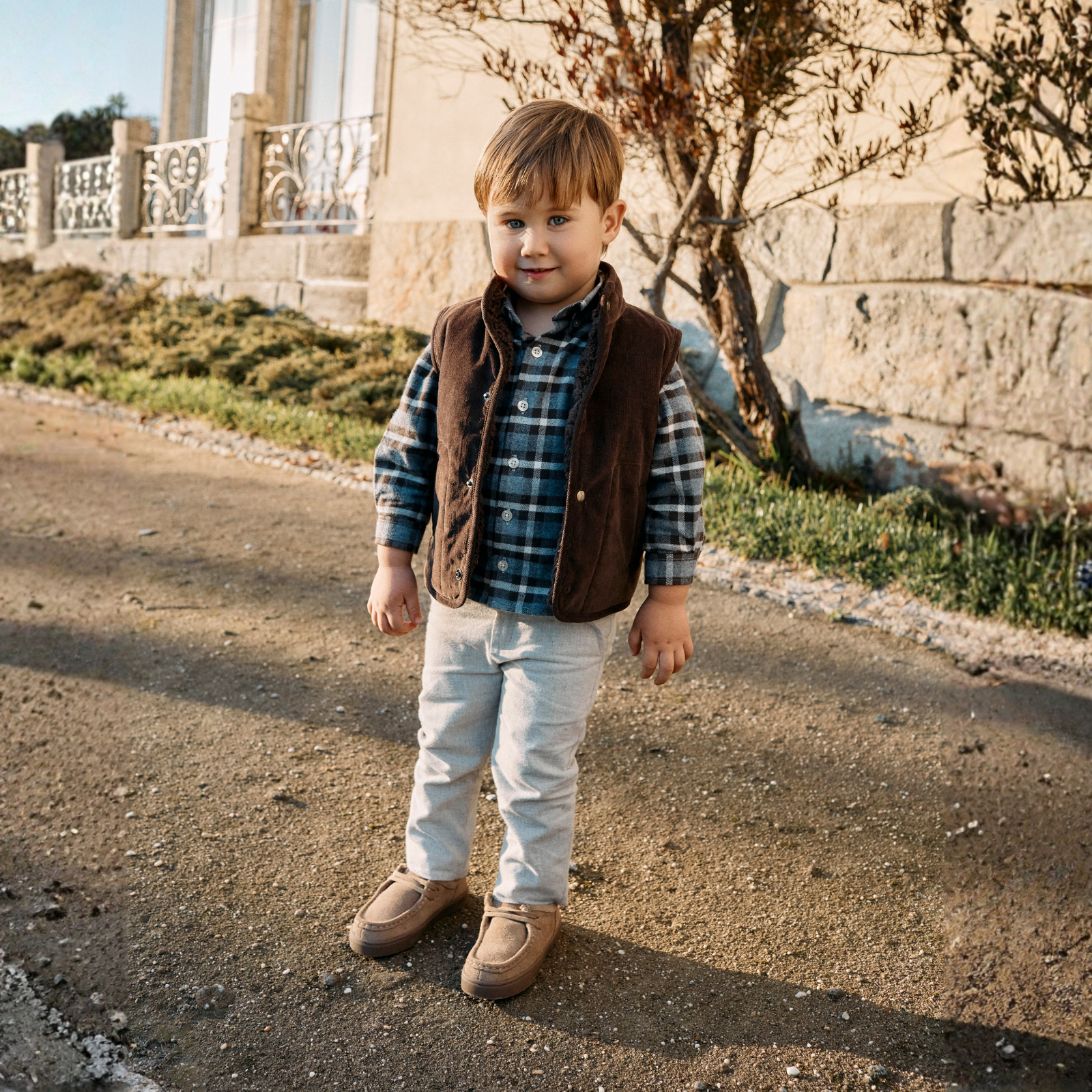 Conjunto camisa xadrez e calça flanela bege de menino da Patachou "Brown grey"