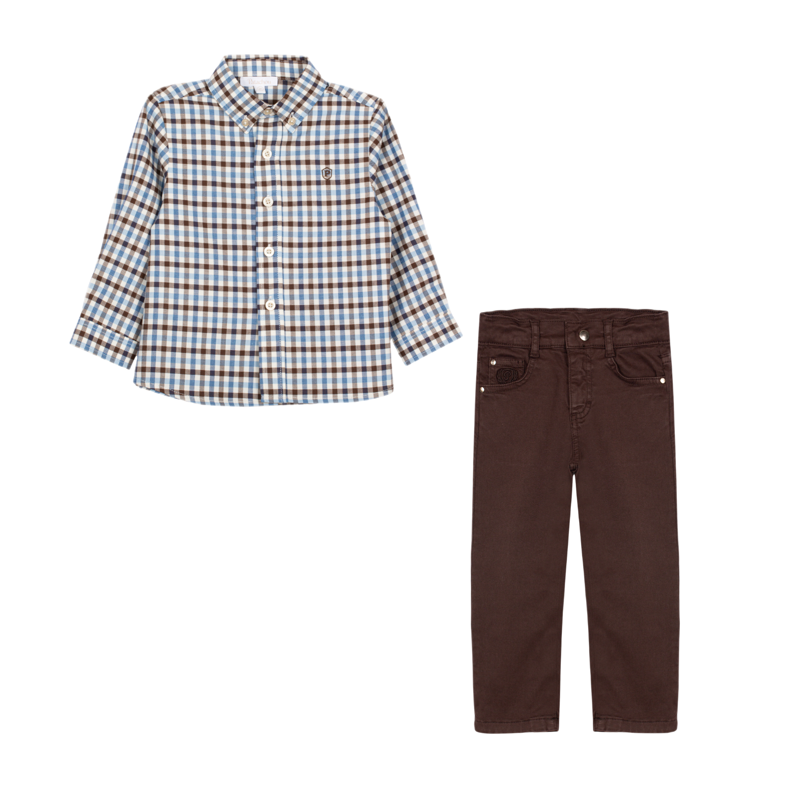 Conjunto camisa xadrez e calça castanha de menino da Patachou "Blue brown"