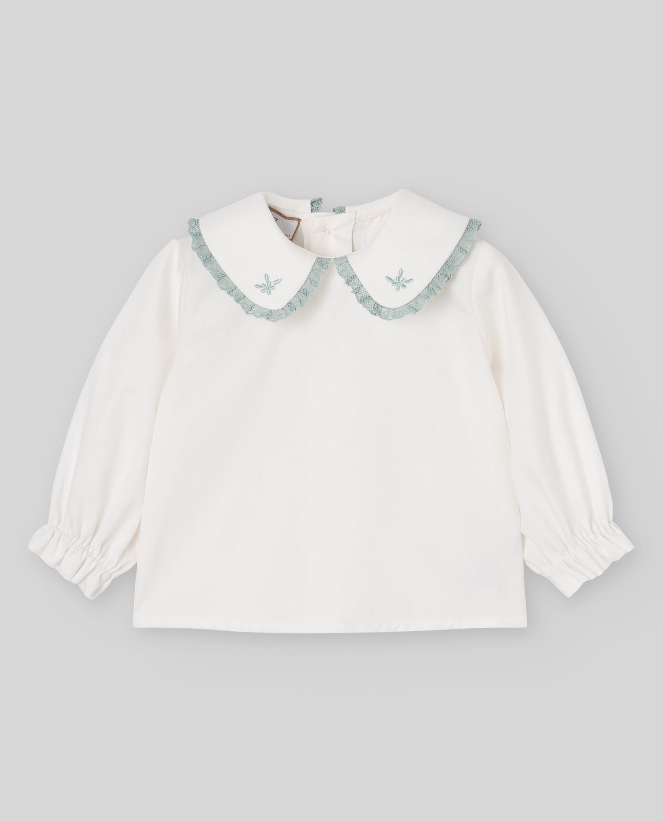 Conjunto bebé menina calça verde e blusa pérola da Paz Rodriguez "Leira"