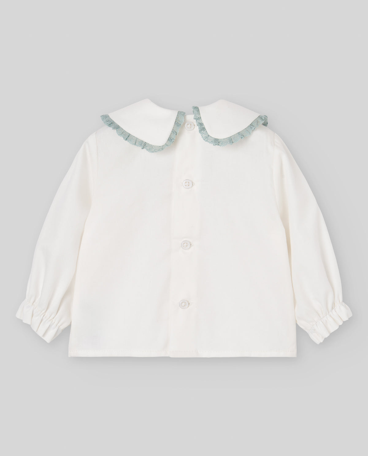 Conjunto bebé menina calça verde e blusa pérola da Paz Rodriguez "Leira"