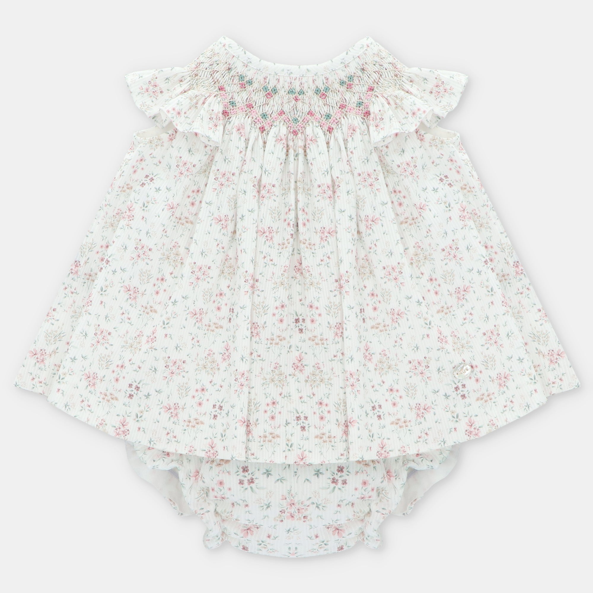 Vestido floral com favos de mel e tapa fraldas para bebe da Martín Aranda "Toronto"