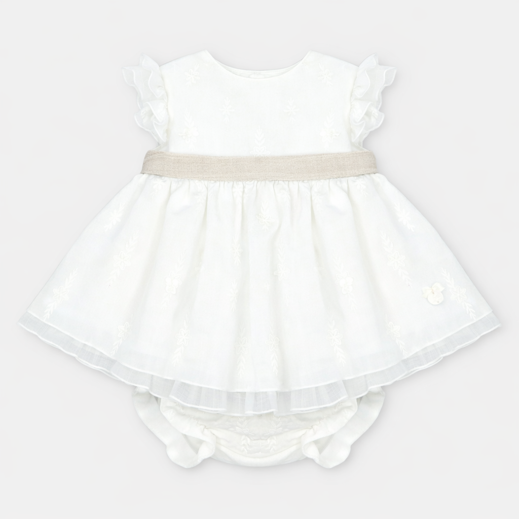 Vestido e tapa fraldas de cerimónia com faixa em bege da Martín Aranda "Victoria"