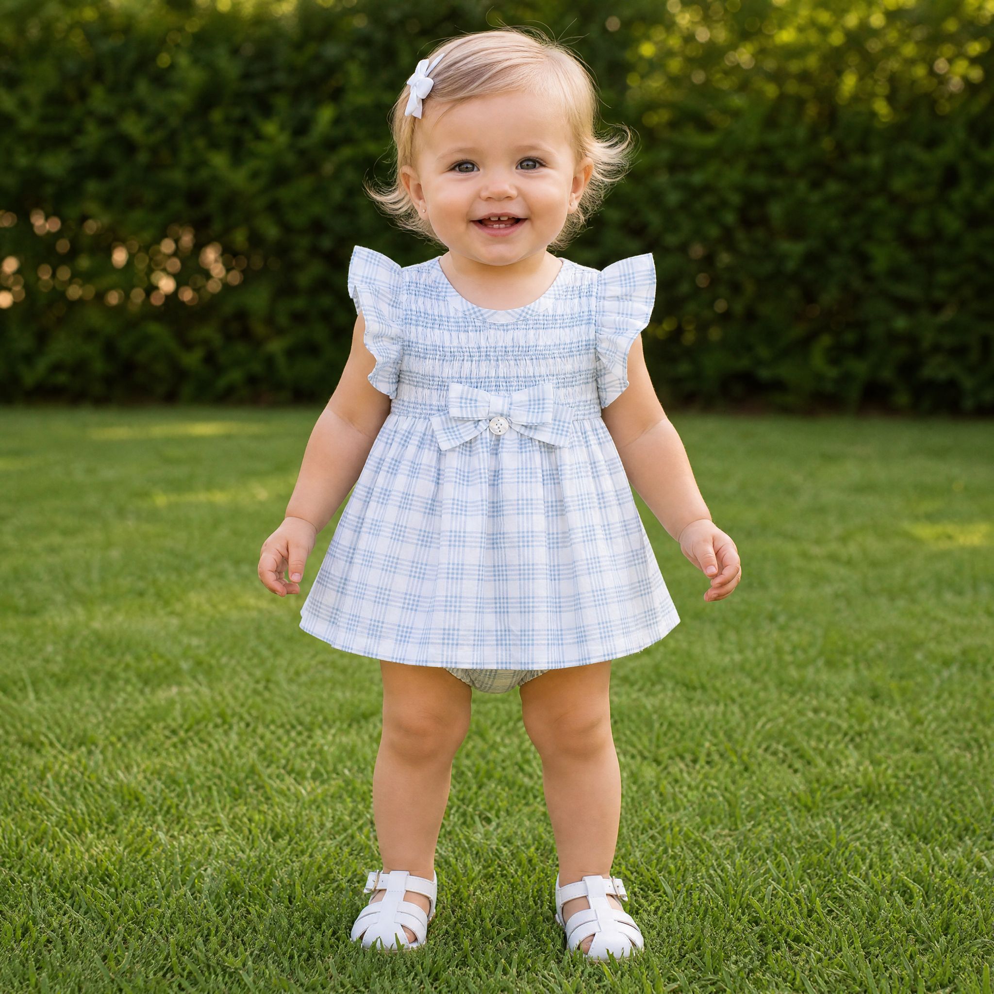 Vestido quadrados azuis e tapa fralda para bebe menina da Martín Aranda "Ottawa"
