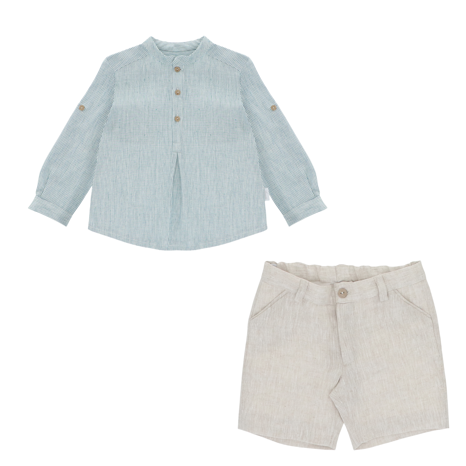 Conjunto camisa riscas azuis e calção bege para menino da Martín Aranda "Milton"