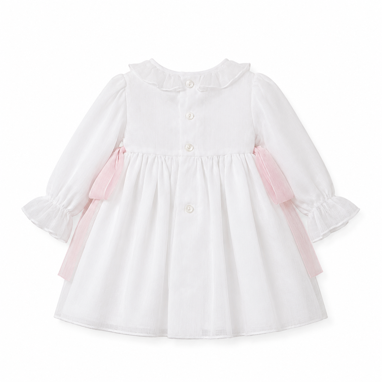 Vestido com tapa fralda e touca com detalhe rosa de cerimónia da Niseret