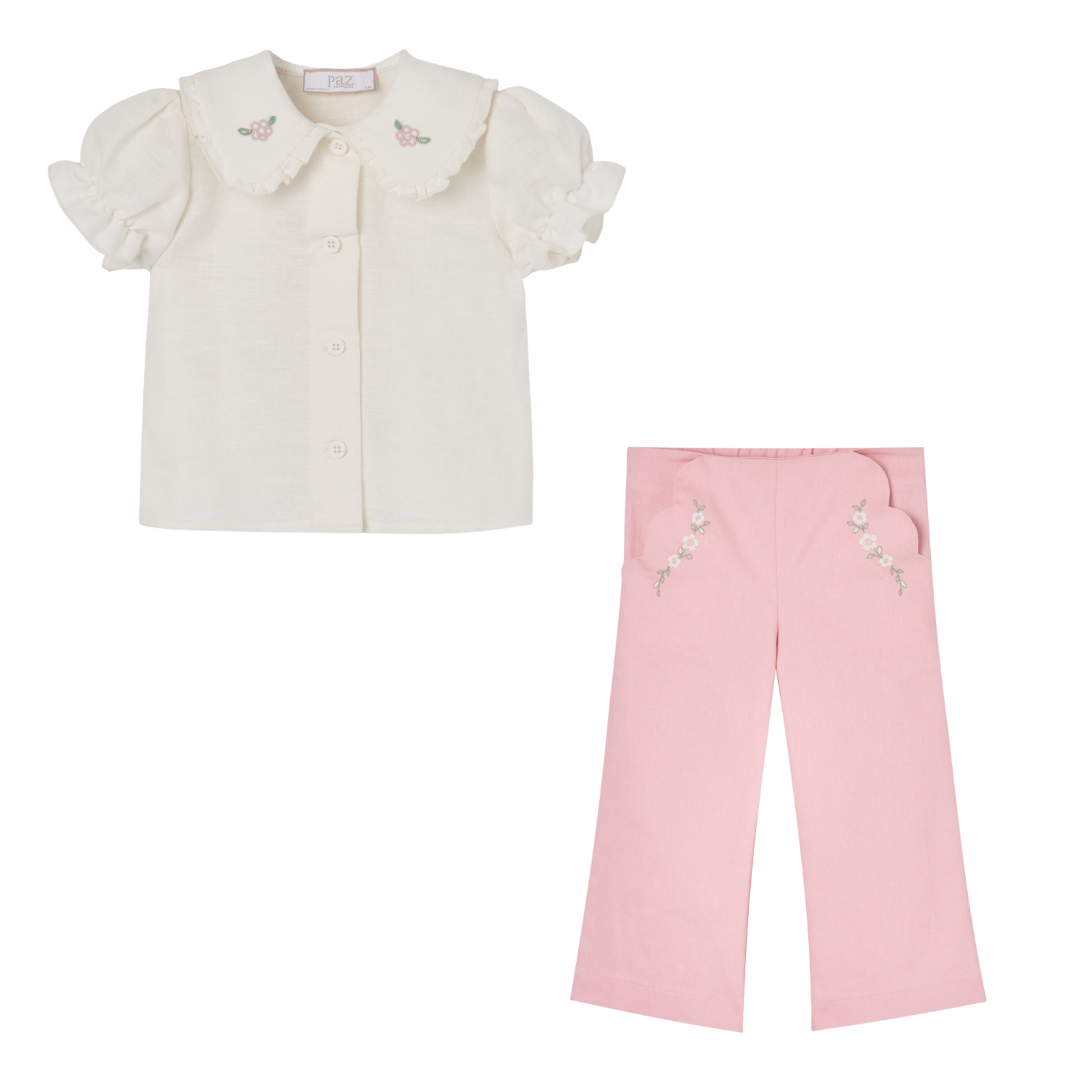 Conjunto blusa branca e calça rosa da Paz Rodriguez "Frescura"