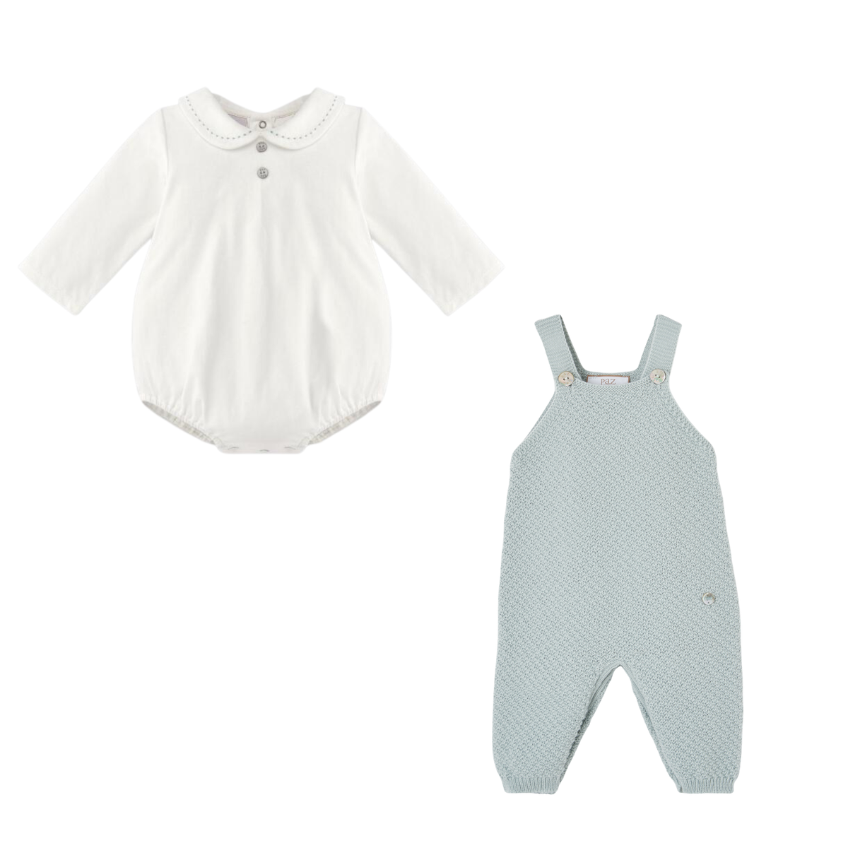 Conjunto bebé menino jardineira verde e blusa pérola da Paz Rodriguez "Leira"