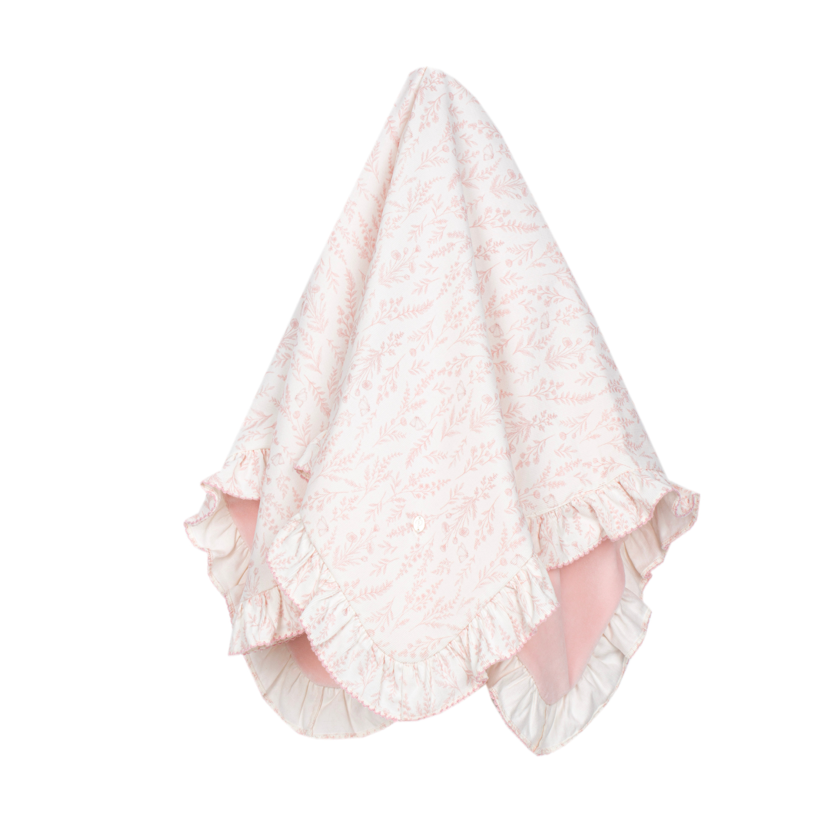 Manta rosa em laminado com estampado floral e folhos da Patachou