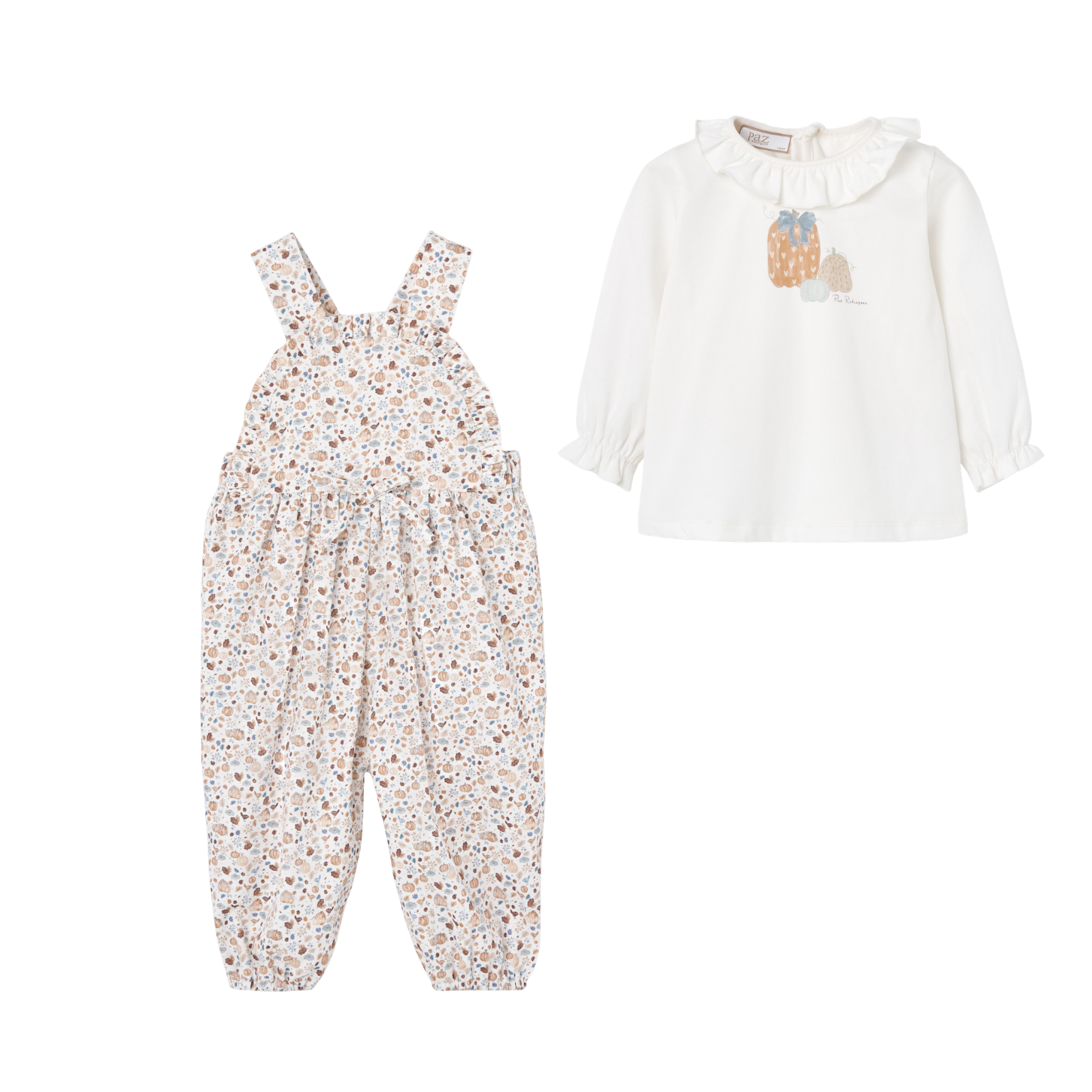 Conjunto jardineira estampada e blusa da Paz Rodriguez "Meiga"