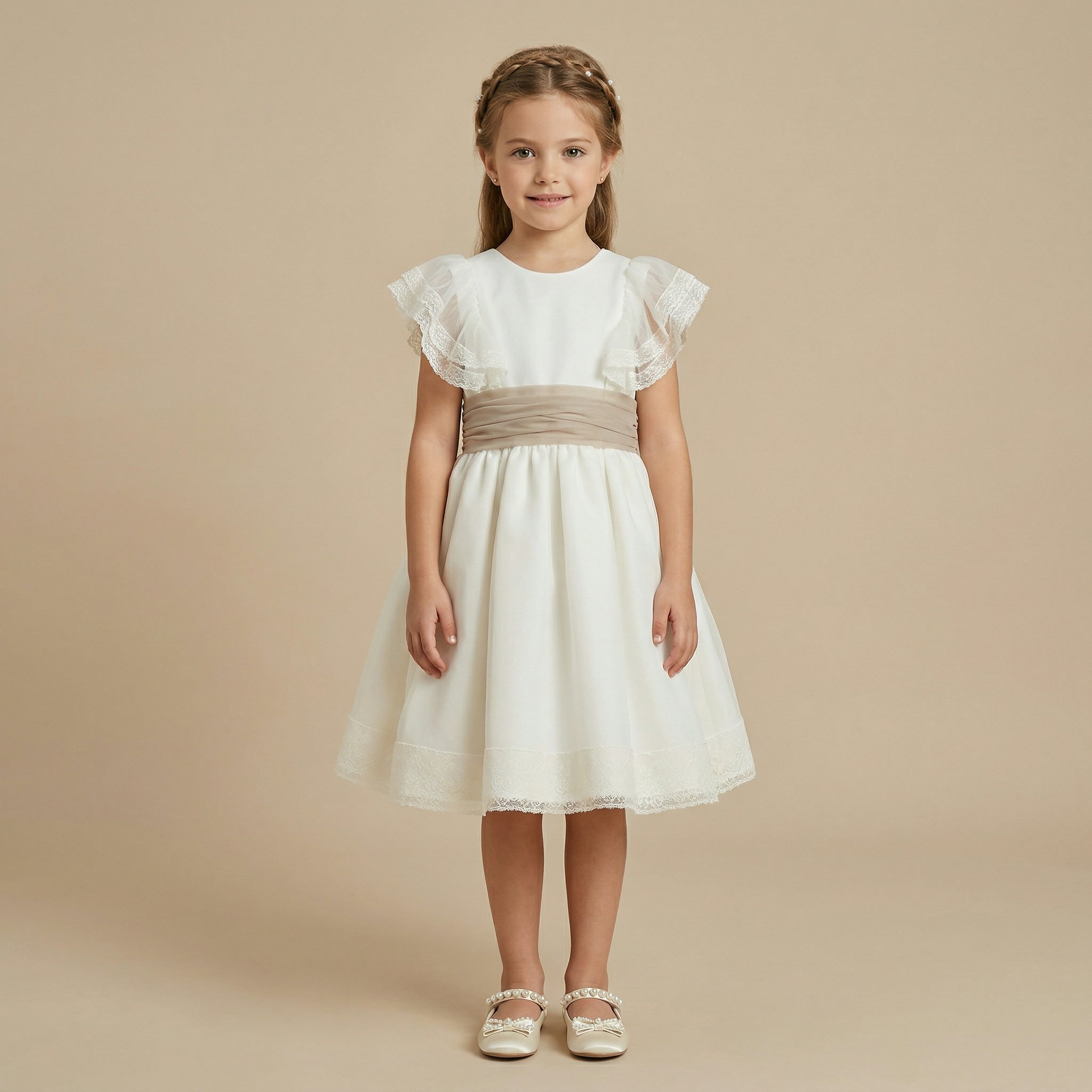 Vestido cerimónia menina em tule tom perola e faixa bege da Niseret