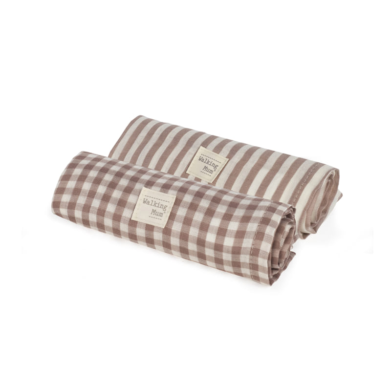 Conjunto 2 musselinas da Walking Mum "Praliné Strips / Vichy Moka"