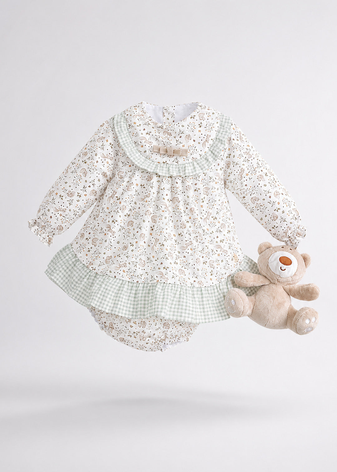 Vestido e tapa fraldas com estampado de esquilos da Pangasa "Ardilla"