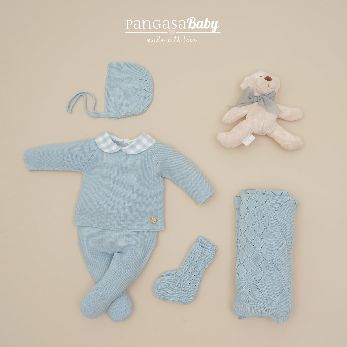 Conjunto recém-nascido em malha azul da Pangasa "Vichy"
