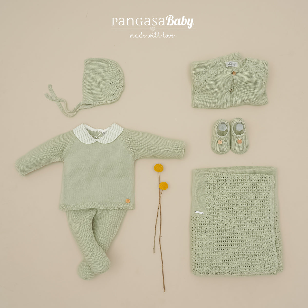 Conjunto recém-nascido em malha verde da Pangasa "Brote"