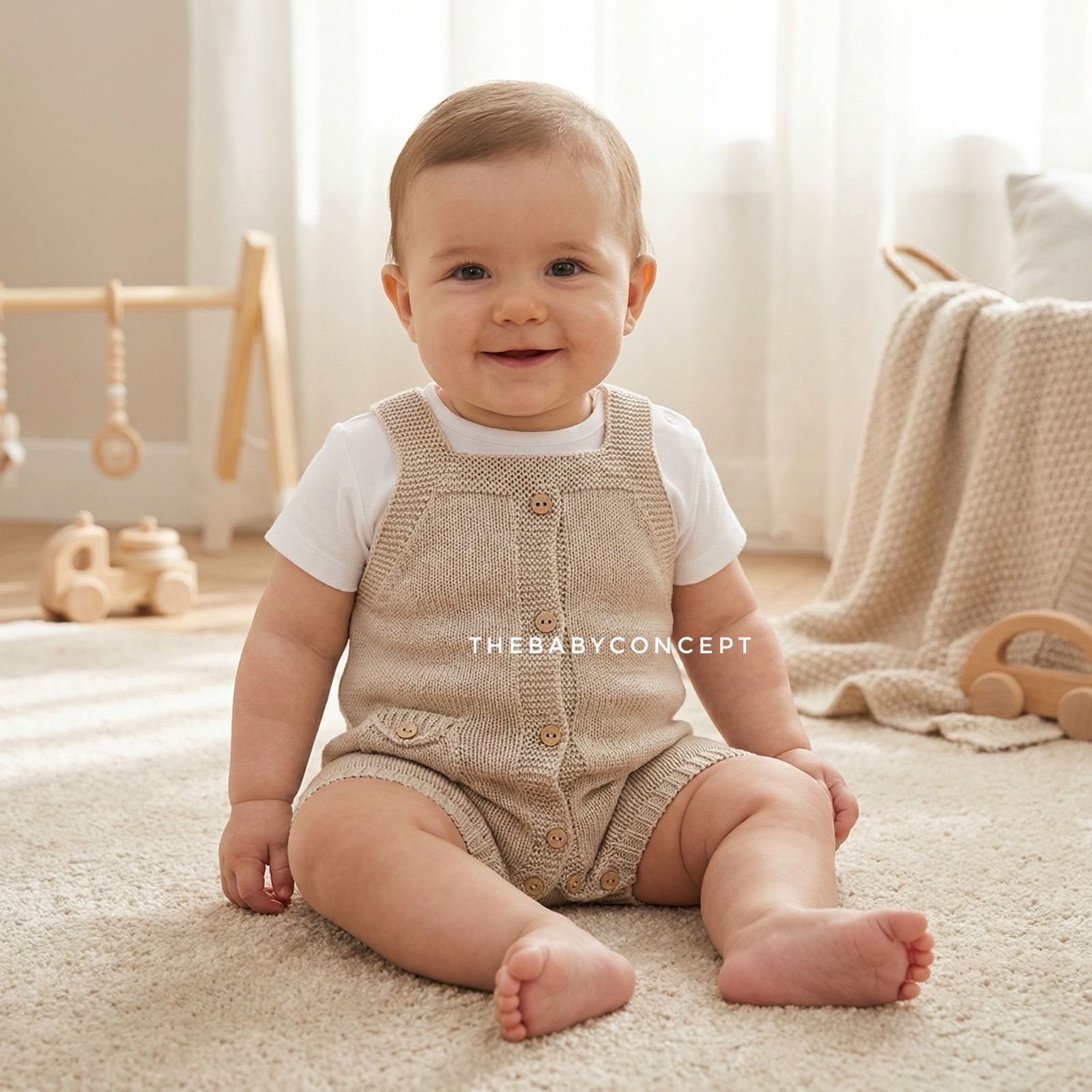 Conjunto de jardineira em malha camel e blusa branca da Pangasa