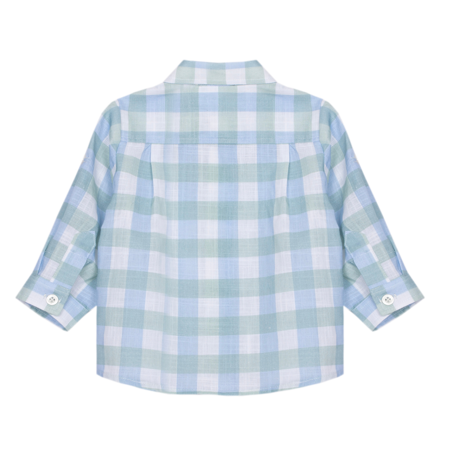 Camisa quadrados em tons de verde e azul de menino da Patachou "Soft Blue"