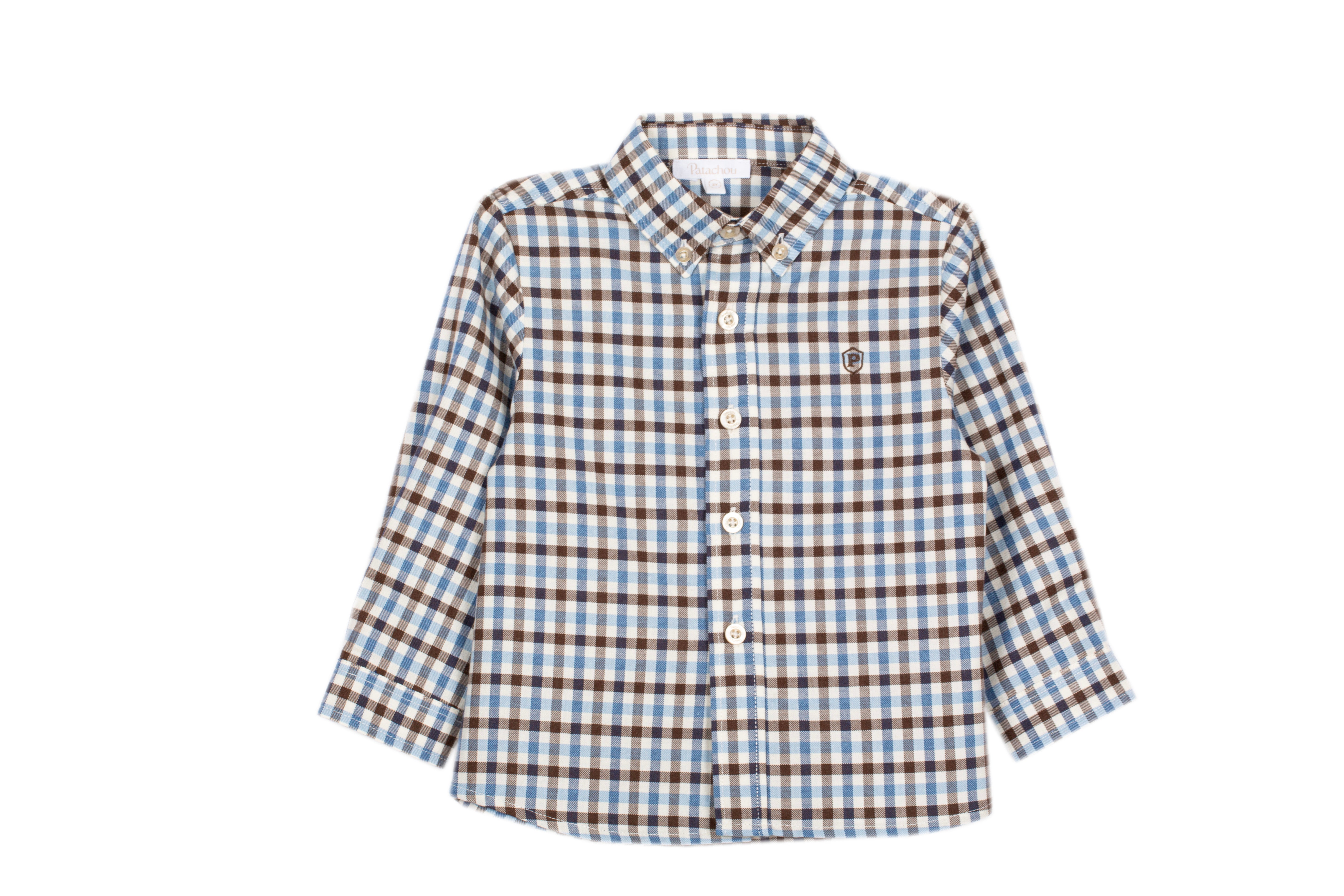 Conjunto camisa xadrez e calça castanha de menino da Patachou "Blue brown"