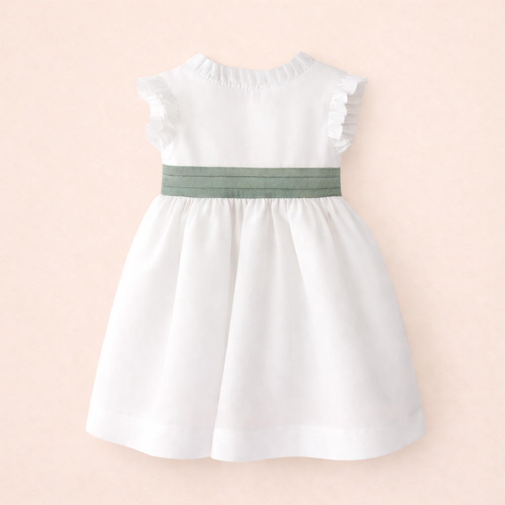 Vestido em linho pérola com faixa verde militar da Niseret