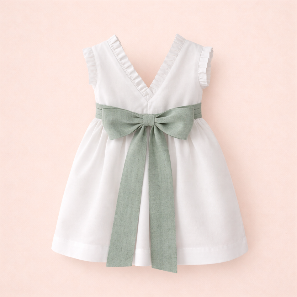 Vestido em linho pérola com faixa verde militar da Niseret
