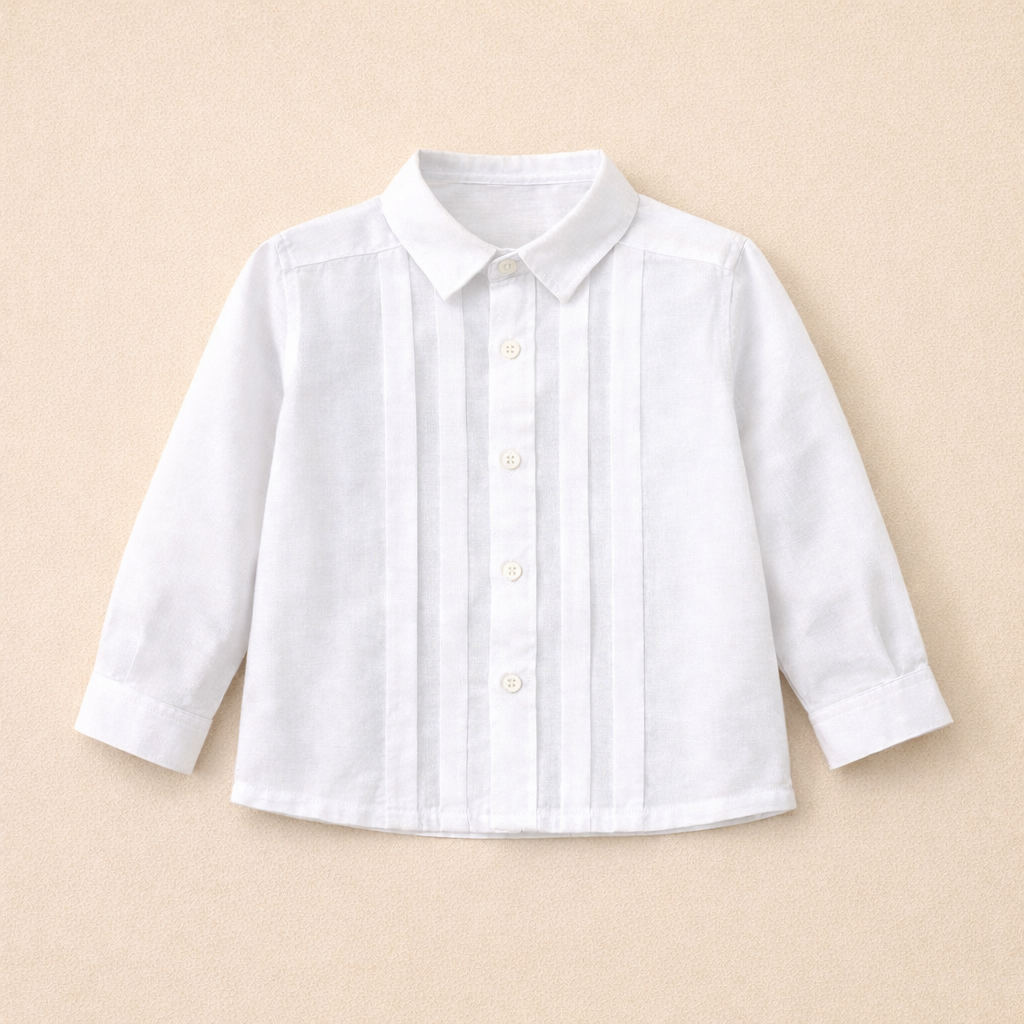 Camisa de cerimónia em linho pérola com gola e pregas da Niseret