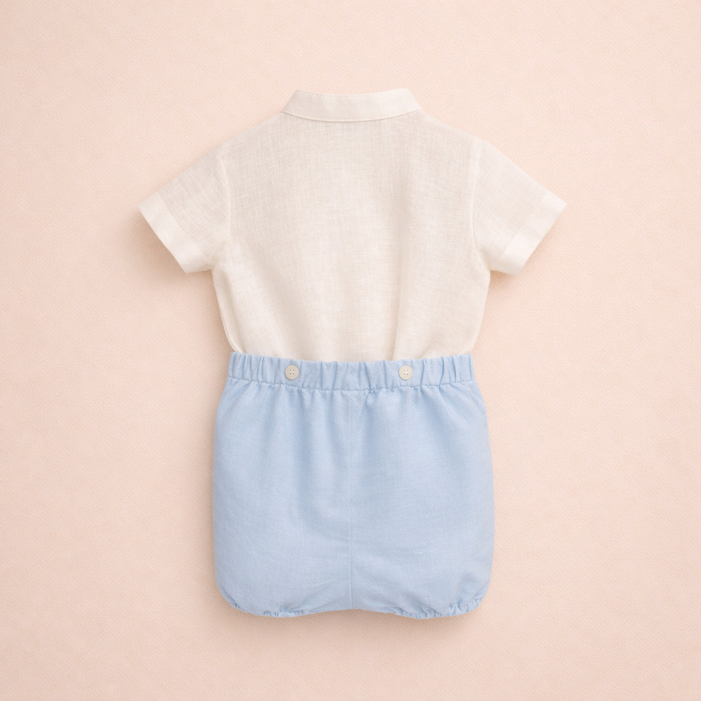 Conjunto camisa e calção em linho azul para cerimonia da Niseret