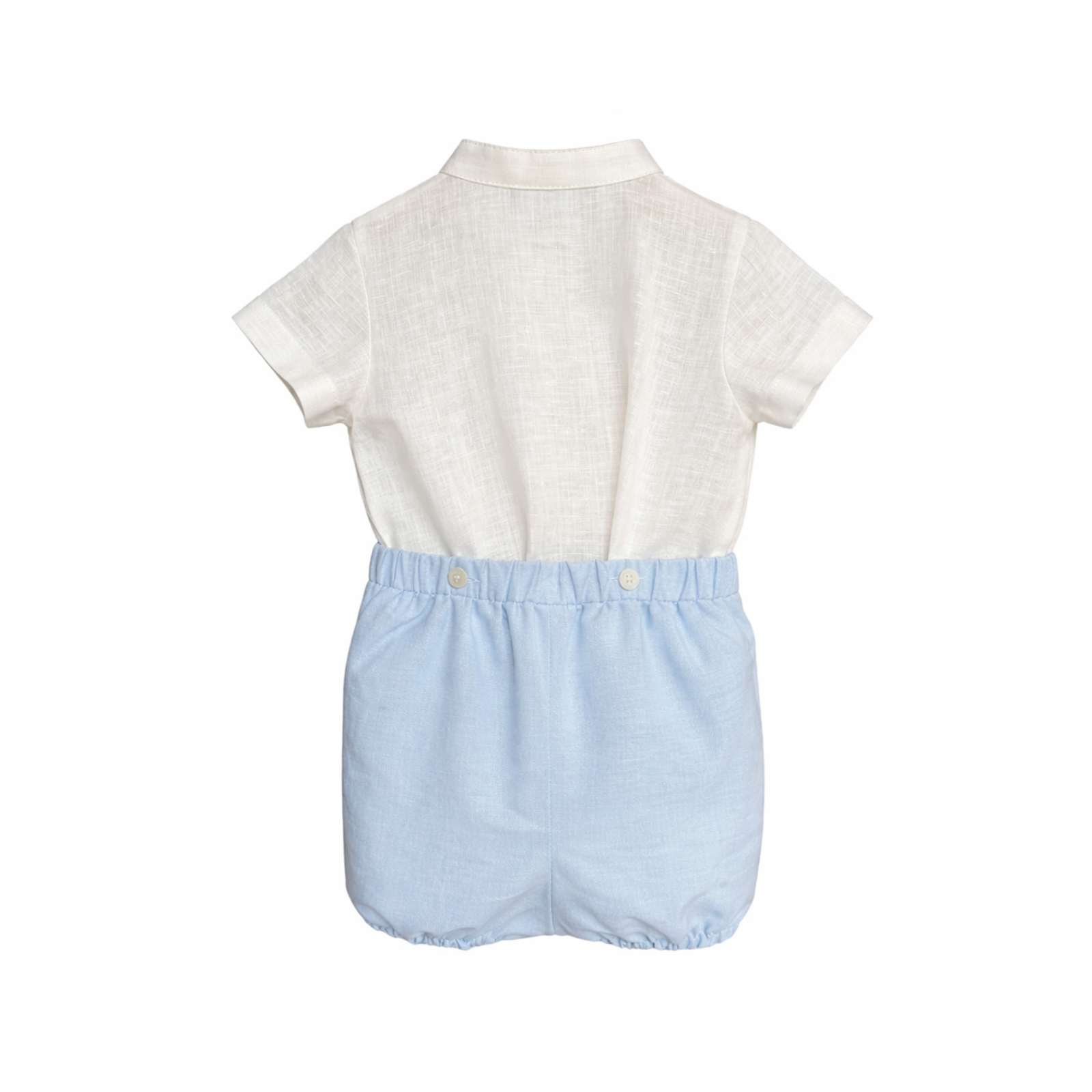 Conjunto camisa e calção em linho azul para cerimonia da Niseret