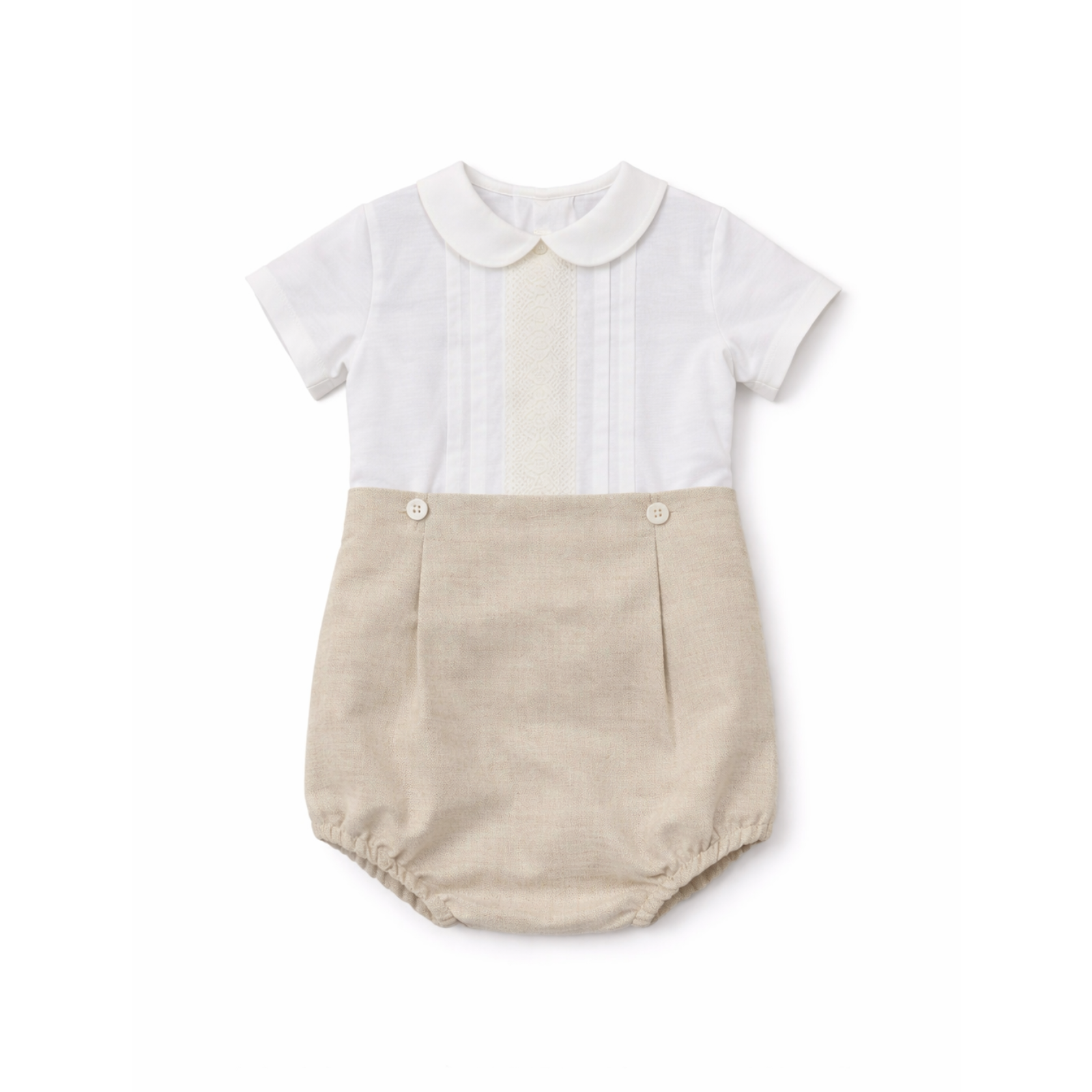 Conjunto blusa pérola com renda e calção em linho bege da Niseret