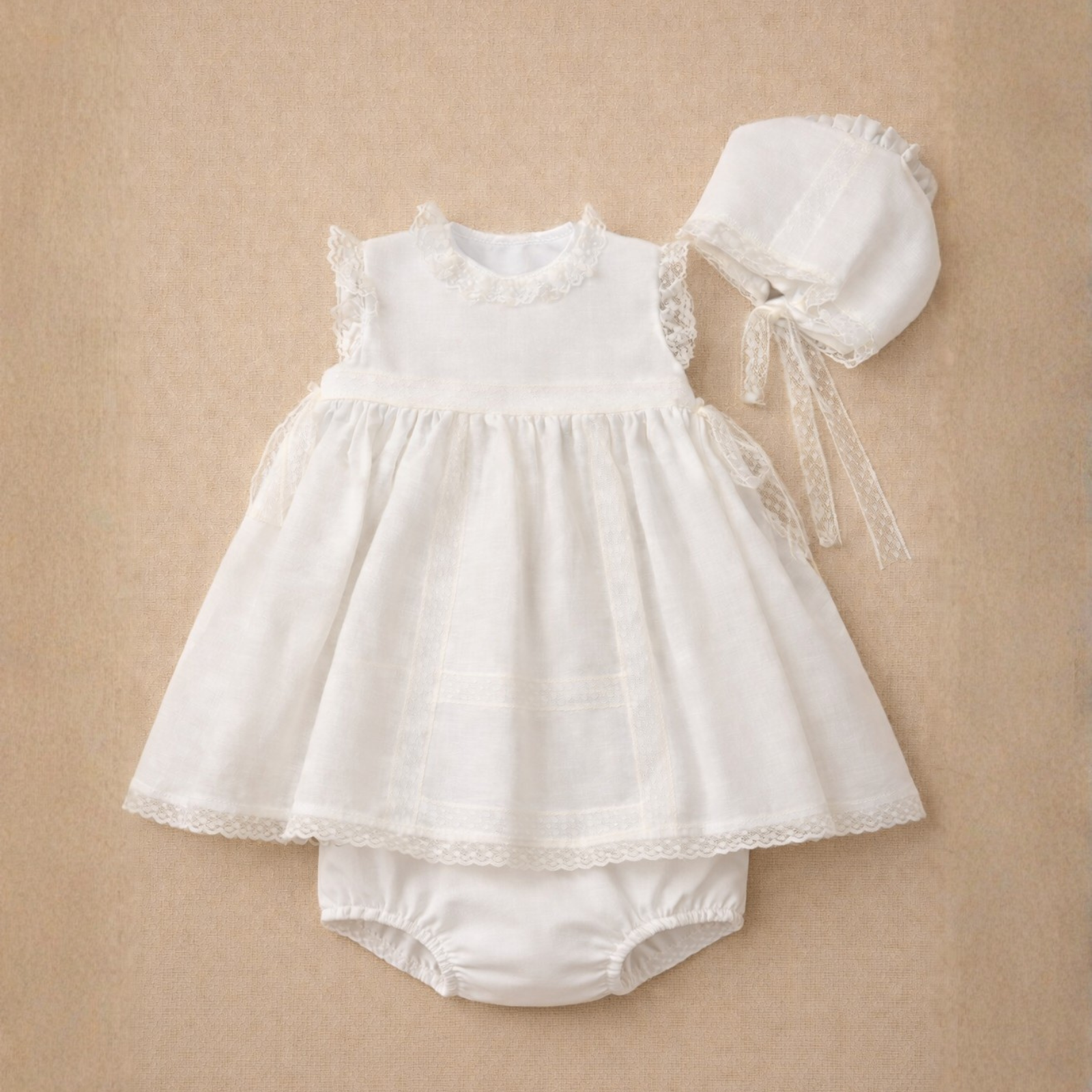 Vestido com tapa fralda e touca pérola para cerimonia da Niseret