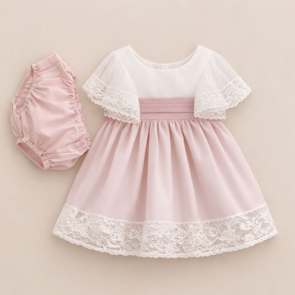 Vestido combinado pérola e rosa para cerimónia da Niseret