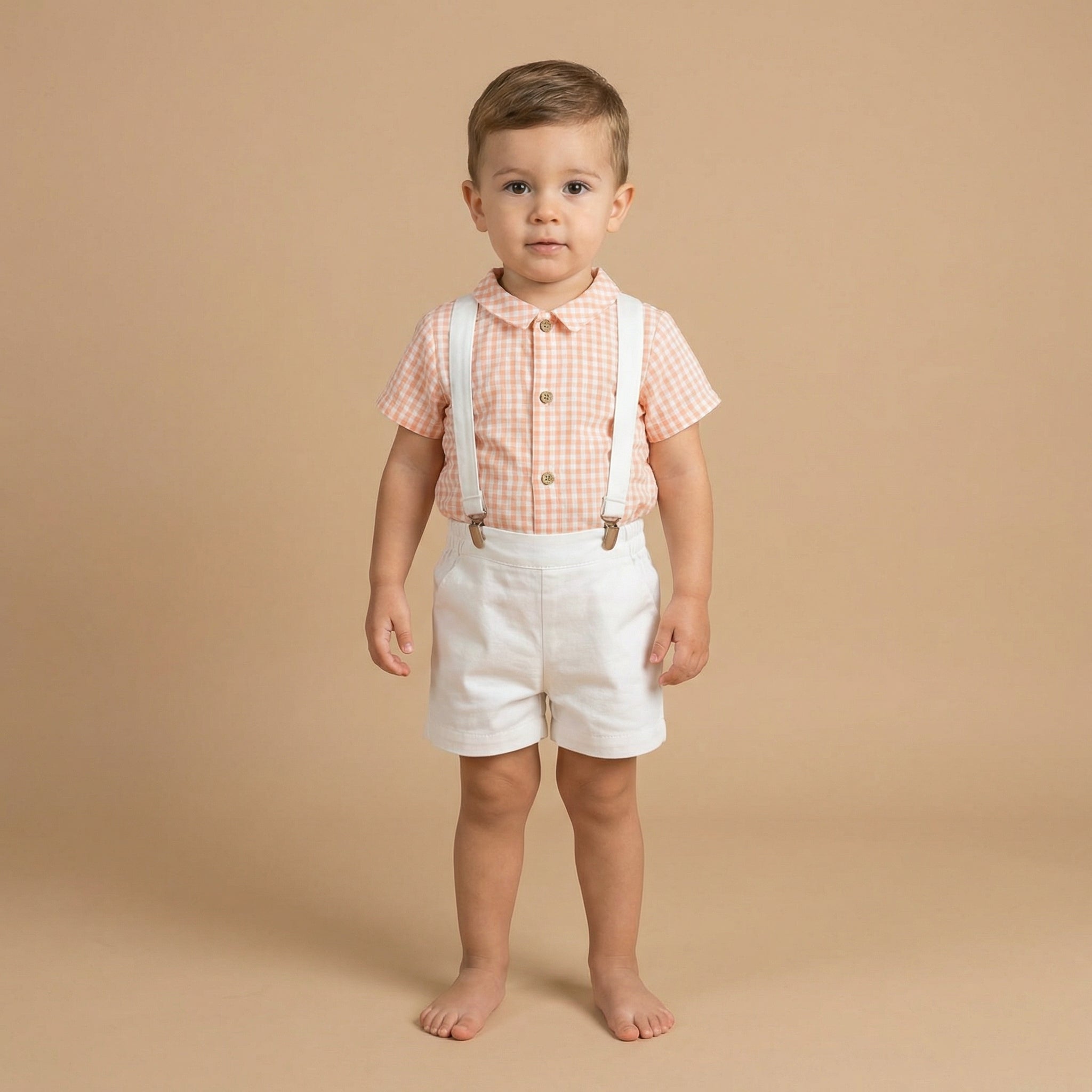 Conjunto camisa xadrez tom salmão e calção com alças em sarga da Fina Ejerique "PINK"