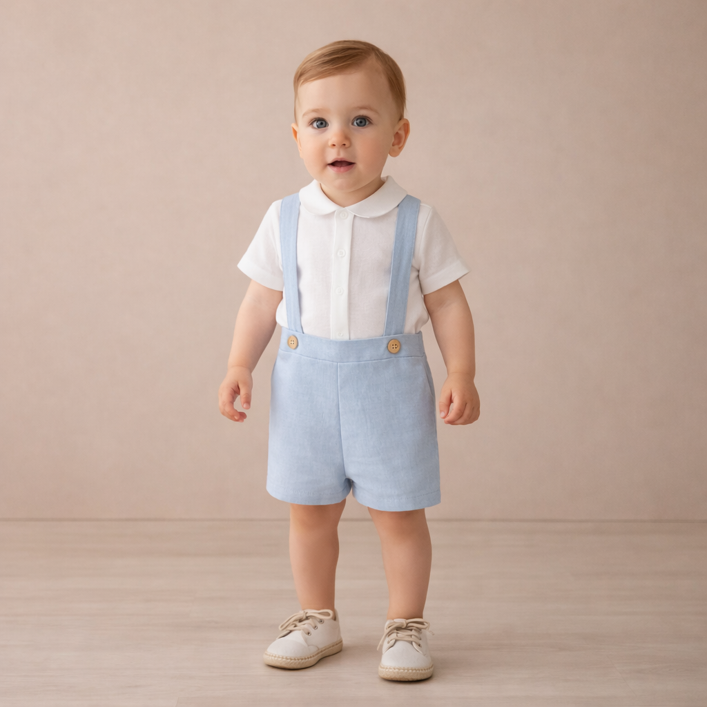 Conjunto blusa pérola com prega e calção azul com alça em linho da Niseret