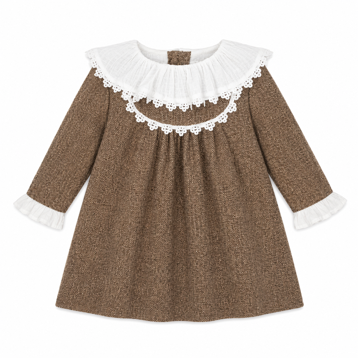 Vestido com mangas em espinha de peixe e babados menina da Fina Ejerique " Jade oak"