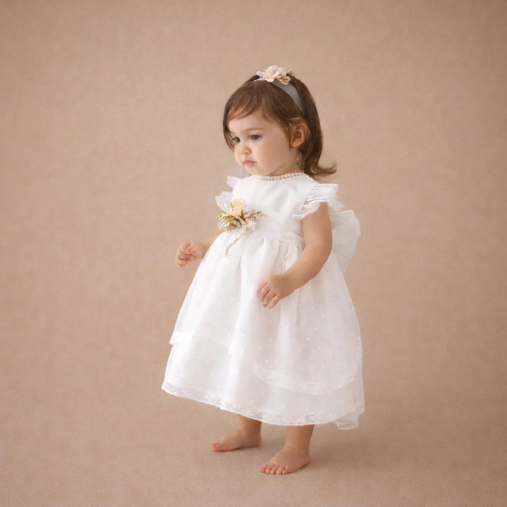 Vestido e tapa fraldas e touca com renda valenciana para cerimónia da Niseret