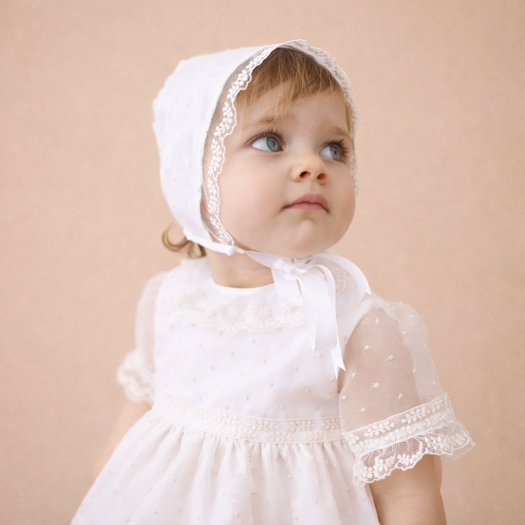 Vestido com tapa fralda e touca em organza com pontinhos da Niseret