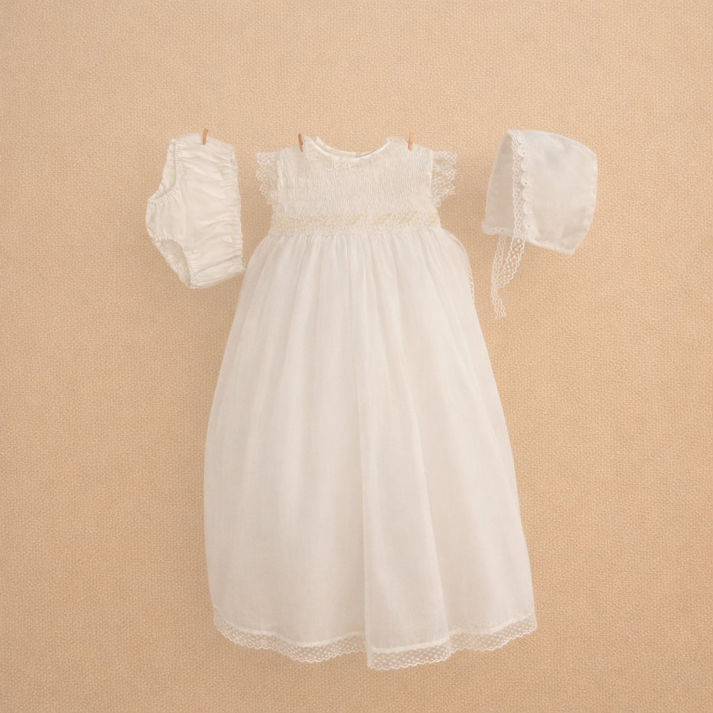 Fraldão e touca para cerimónia com favos de mel da Niseret