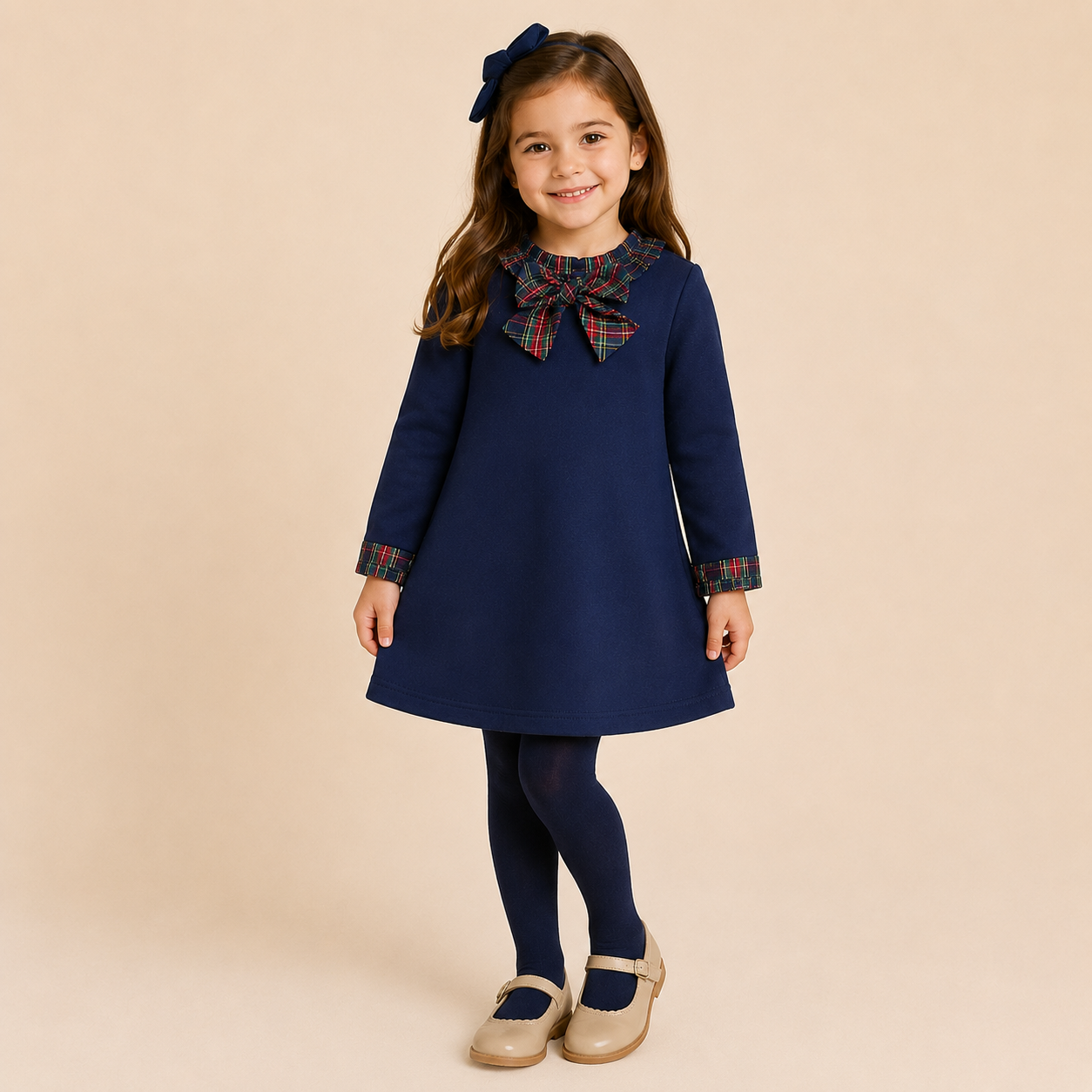 Vestido de malha azul com gola xadrez para menina da Fina Ejerique