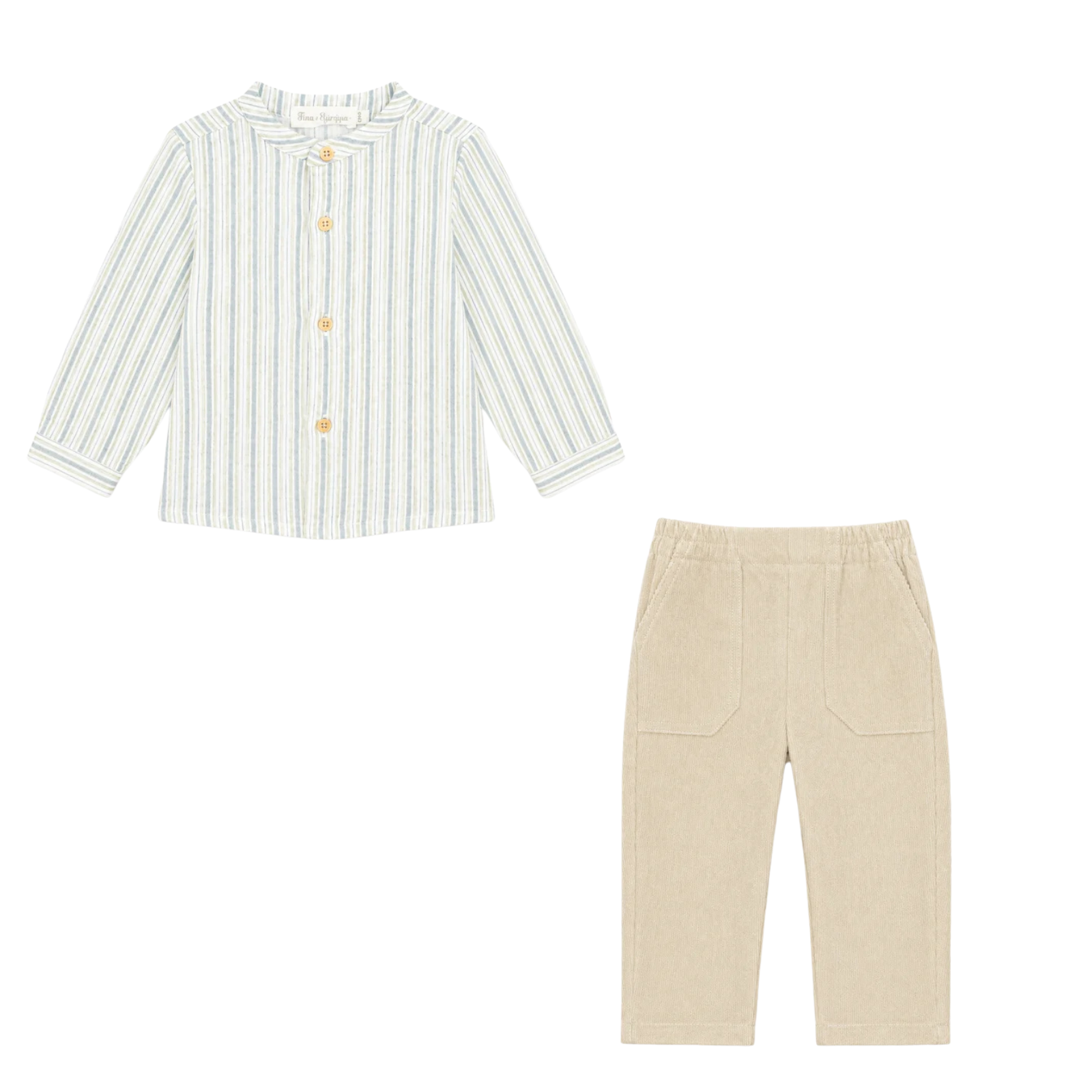 Conjunto camisa em listras azuis e calças bege para menino da Fina Ejerique "Jade oak"