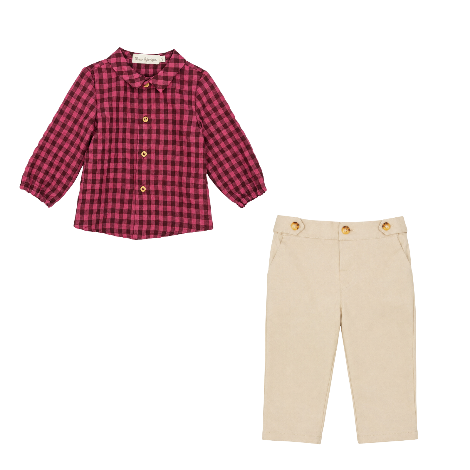 Conjunto camisa xadrez e calça bege menino da Fina Ejerique