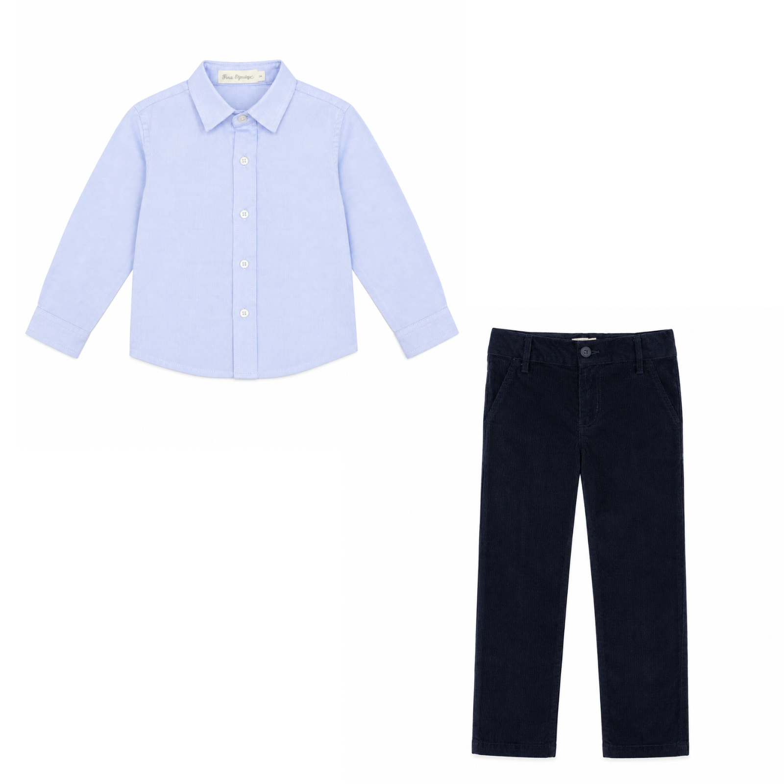 Conjunto camisa azul e calça azul marinho de menino da Fina Ejerique
