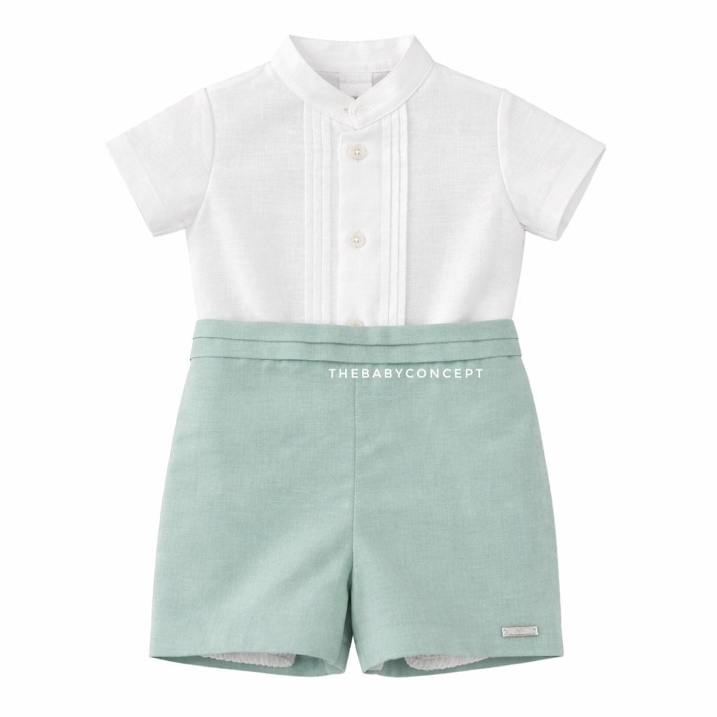 Conjunto camisa e calção em linho verde água para cerimonia da Niseret