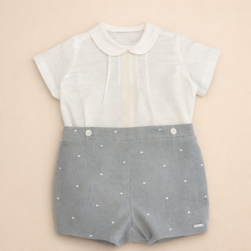 Conjunto camisa linho e calção verde militar com bordado para cerimonia da Niseret