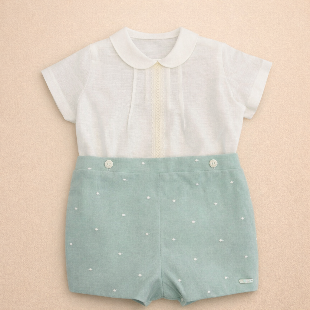 Conjunto camisa linho e calção verde água com bordado para cerimonia da Niseret