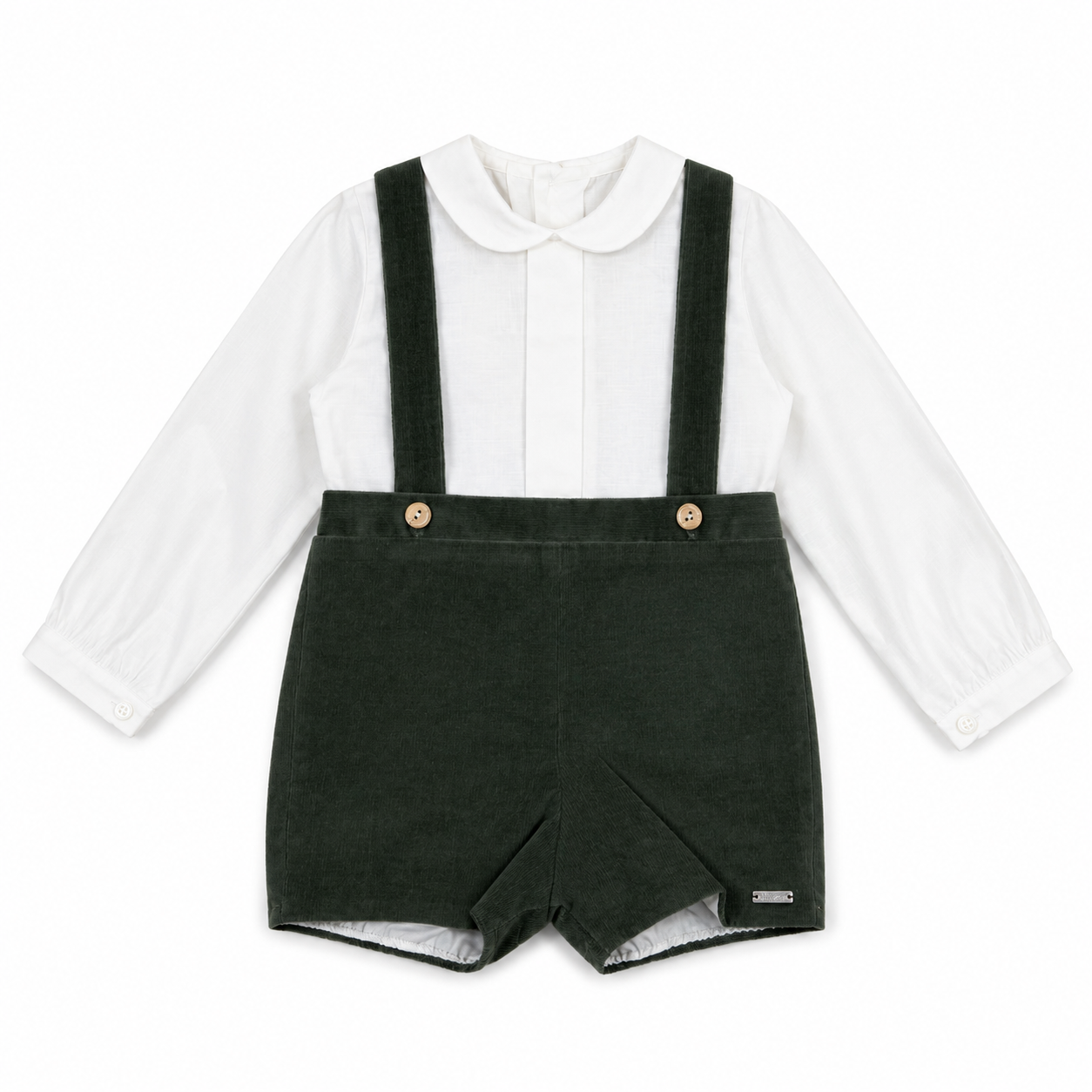 Conjunto blusa e calção com alça verde militar para cerimónia da Niseret