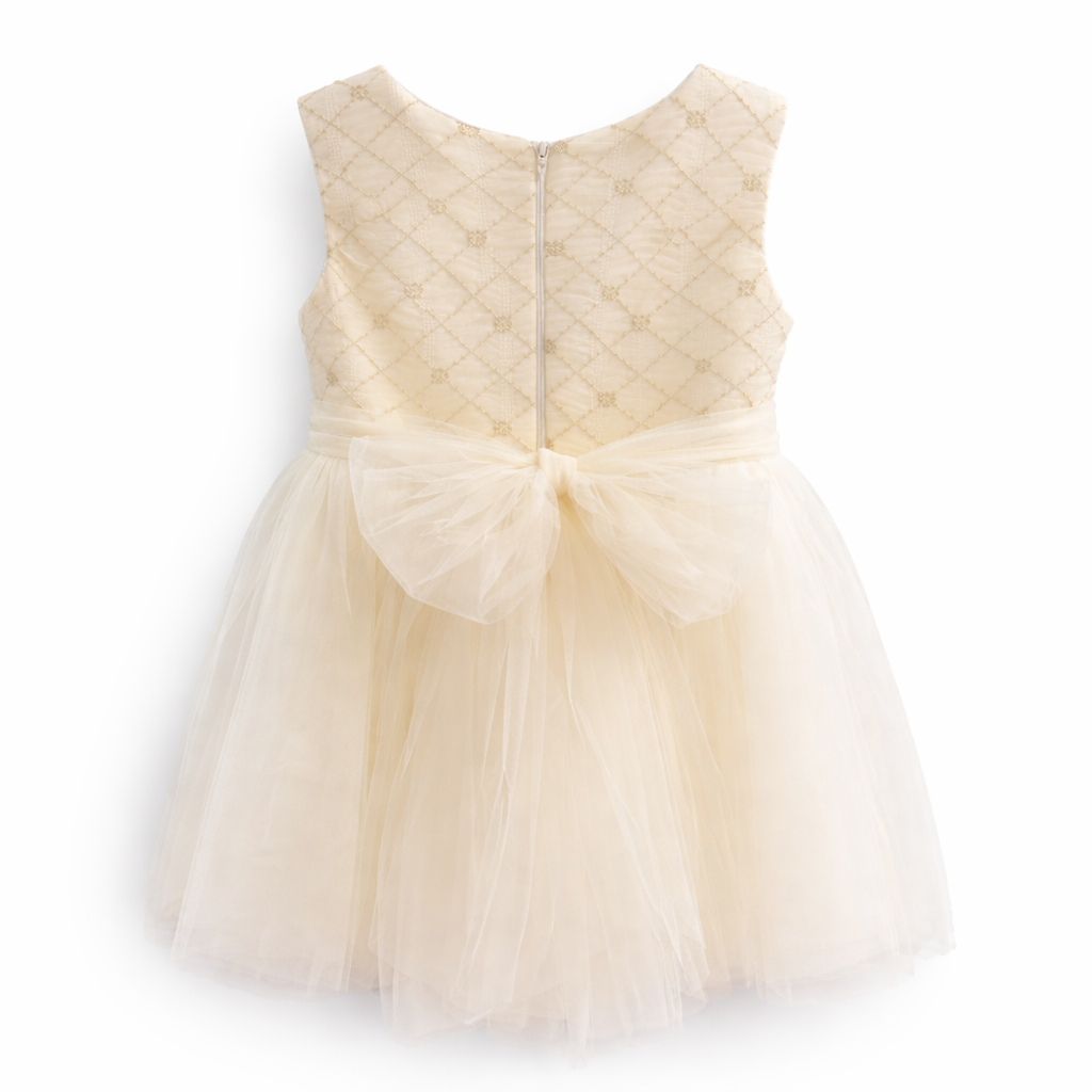 Vestido de cerimónia bege e dourado da Miss Leod