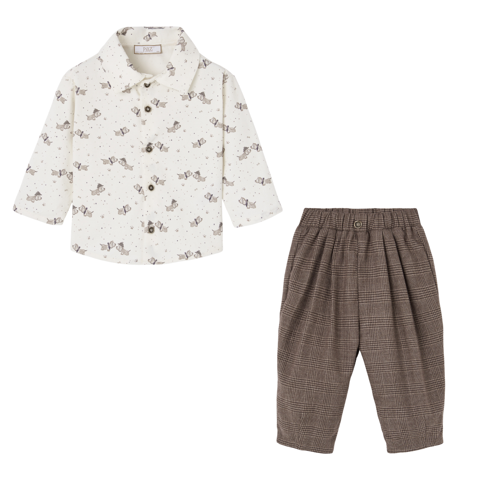 Conjunto camisa estampada e calça castanha da Paz Rodriguez "Noz"