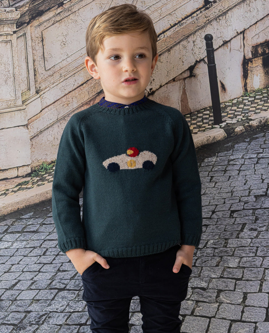 Camisola em malha verde com estampado de carro da Fina Ejerique "CHRISTMAS"