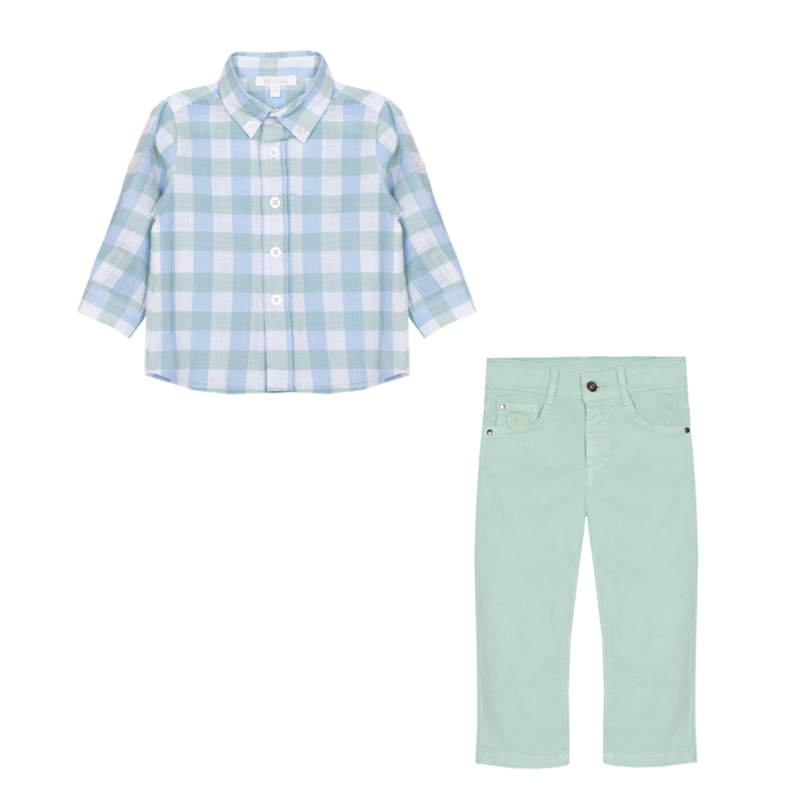 Conjunto camisa quadrados e calça verde de menino da Patachou "Soft Blue"