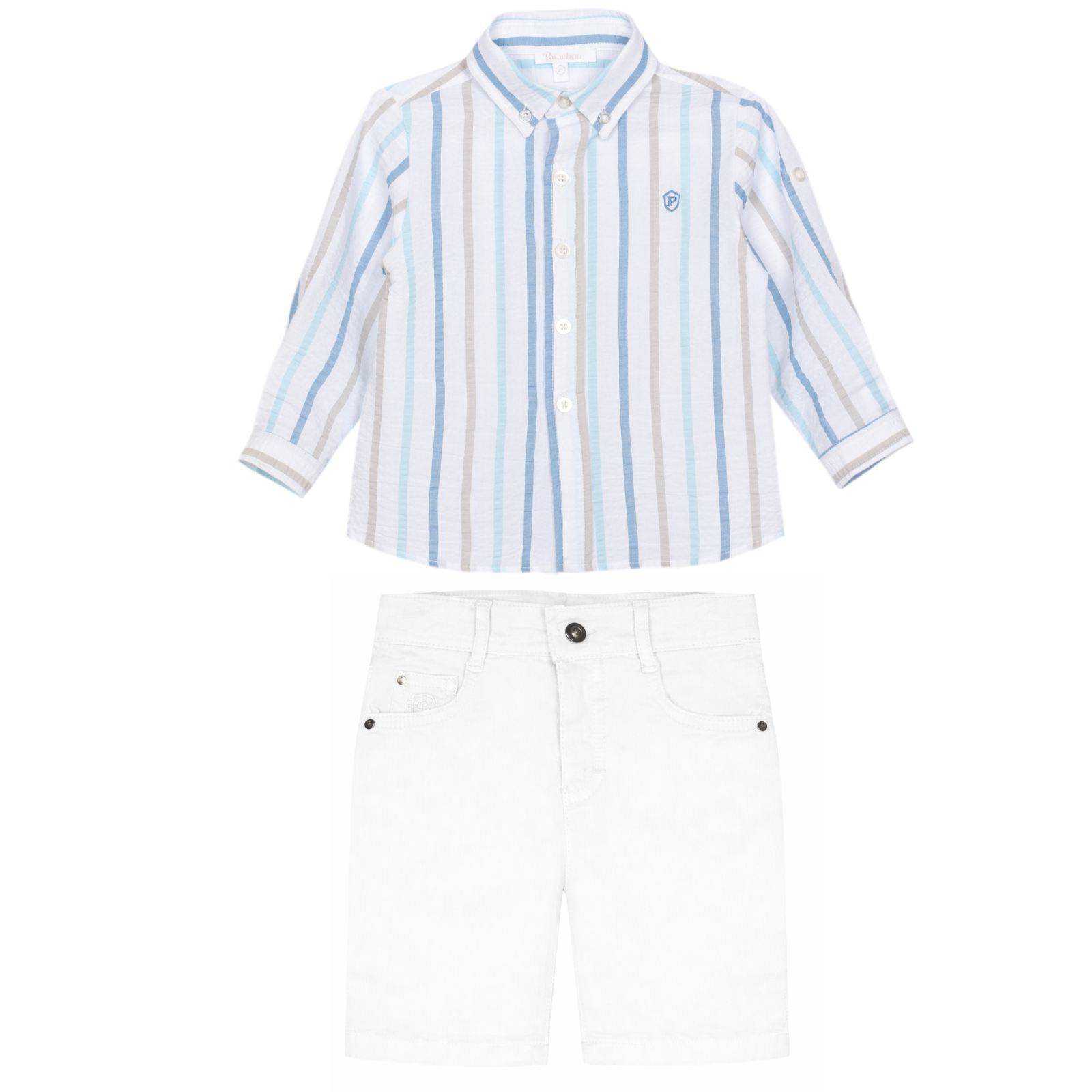 Conjunto camisa as riscas e calção branco da Patachou "Soft Blue"
