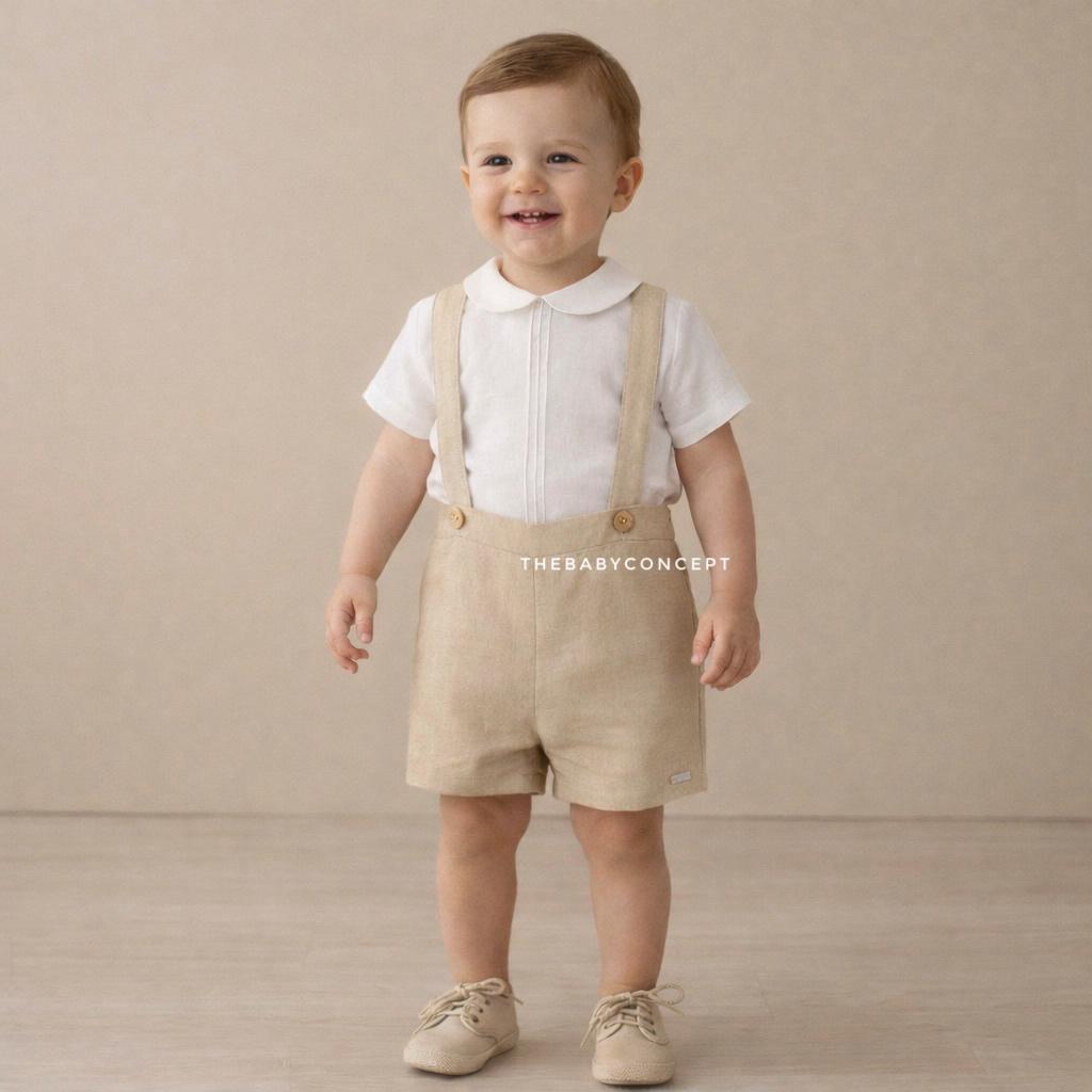 Conjunto blusa e calção de linho bege com alça da Niseret