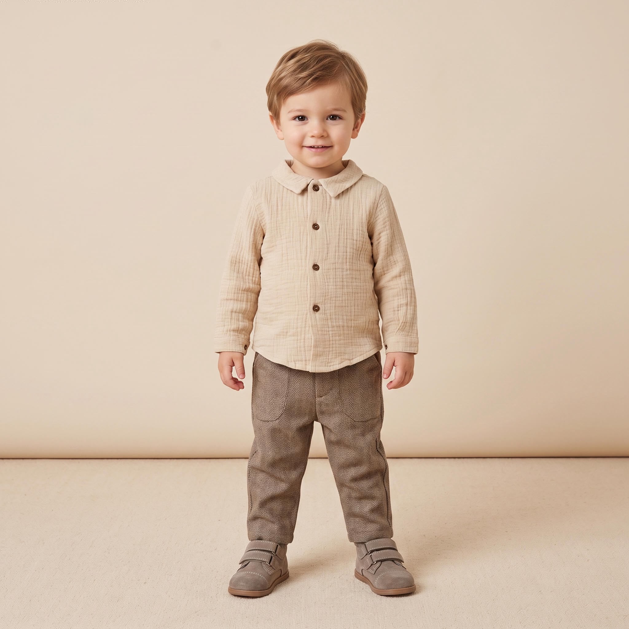 Conjunto menino camisa bege e calça castanha em espiga da Fina Ejerique "Jade oak"